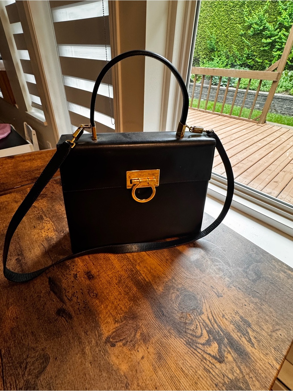 Salvatore Ferragamo Black Leather Top-Handle Satchel with Gold Hardware